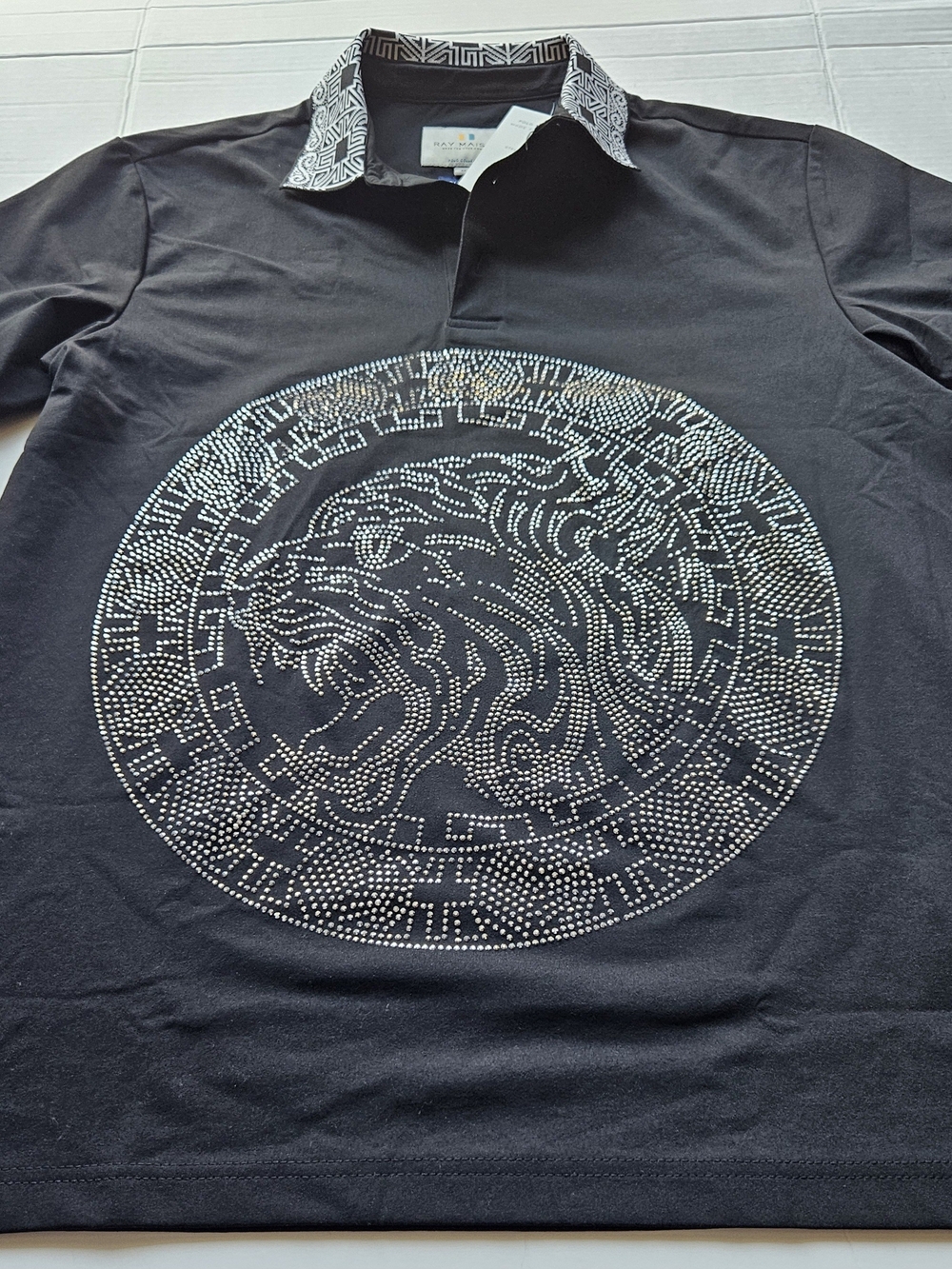 Short Sleeve Polo large silver rhinestone tiger